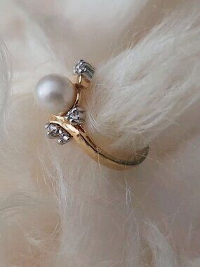 Vintage 14k GP Pearl & Diamond Accent Bypass Ring Size 8 Unworn NOS